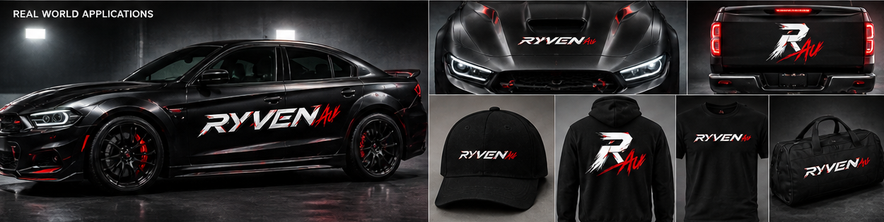 RYVEN AU on performance car, cap, hoodie, shirt and bag
